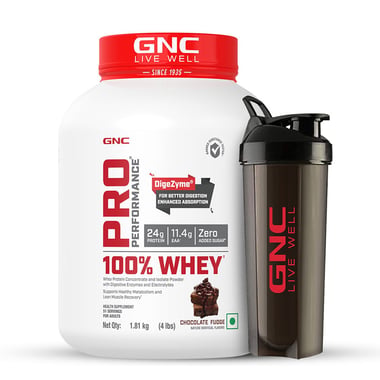 GNC Pro Performance 100% Whey Protein & Black Shaker 700 ml Combo,  4 lb  Chocolate Fudge 