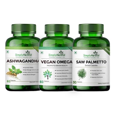 Simply Herbal Ashwagandha 60 Caps with Vegan Omega 60 Caps & Saw Palmetto 30 Caps Combo, 3 Piece(s)/Pack