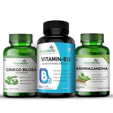 Simply Herbal Ashwagandha 60 Caps with Vitamin B12 & Ginkgo Biloba 100 Capsules Combo,  3 Piece(s)/Pack 