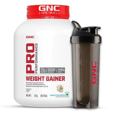 GNC Pro Performance Weight Gainer & Black Plastic Shaker 750ml Combo, 6.6 lb Vanilla Ice Cream