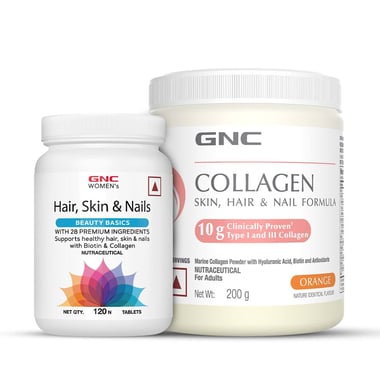 GNC Women's Hair Skin & Nails 120 Tablets & Collagen 200g Combo, 2 Piece(s)/Pack Unflavoured & Orange