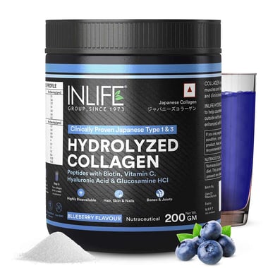 INLIFE Hydrolyzed Collagen Peptides, 200 g Blueberry (Clinically Proven Japanese Type 1 & 3)