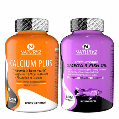 Naturyz Calcium Plus 120 Tablets & Triple Strength Omega 3 Fish Oil 60 Softgels Combo, 2 Piece(s)/Pack Unflavoured