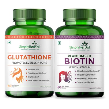 Simply Herbal Glutathione 60 Capsules & Biotin 60 Tablets Combo, Unflavoured 2 Piece(s)/Pack