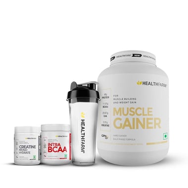 Healthfarm Muscle Gainer 6.6lb with Creatine & Intra BCAA Combo,  0.22 lb  Vanilla, Unflavoured & Island Fusion (with Free Shaker) 