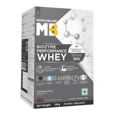 MuscleBlaze Biozyme Performance Whey,  0.4 lb  Rich Chocolate Travel Pack (5x36g) sachets 
