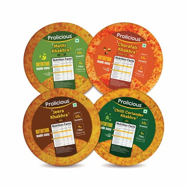 Prolicious Jain Khakhra Combo, Methi, Jeera, Chilli Coriander & Chorafali (Pack of 4) 170 g