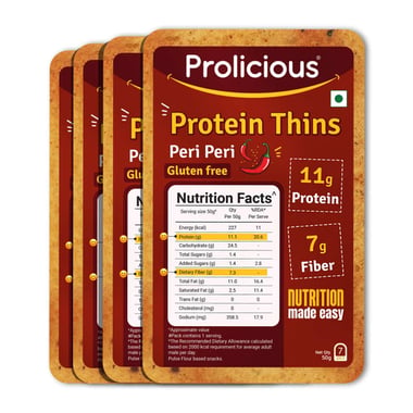 Prolicious Protein Thins Snack Chips,  Peri Peri (Pack of 4)  50 g 