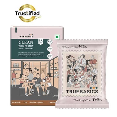 TrueBasics Clean Whey Protein (Isolate + Concentrate), 0.39 lb Chocolate Pack of 5 (35 g x 5)