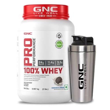 GNC Pro Performance 100% Whey Protein, 2 lb Cookies & Cream with Steel Shaker 750ml Combo