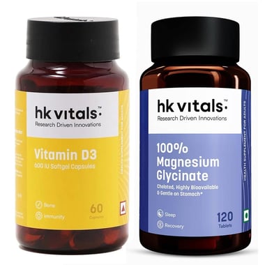HealthKart HK Vitals 100% Magnesium Glycinate 120 Tabs & Vitamin D3 60 caps