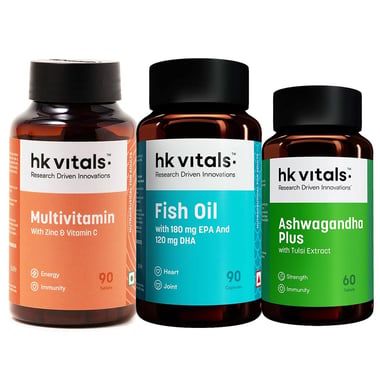 HealthKart HK Vitals Ashwagandha 60 Tabs & Multivitamin 90 Tabs & Fish Oil 90 Caps Combo
