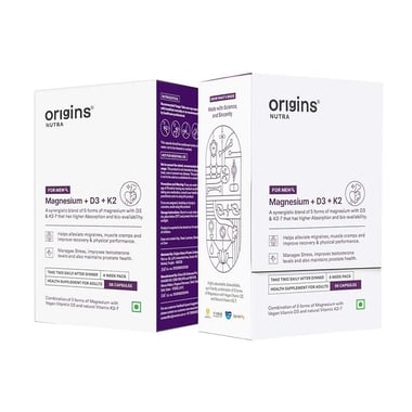 Origins Nutra Magnesium + D3 + K2 for Men,  Unflavoured (Pack of 2)  56 capsules 