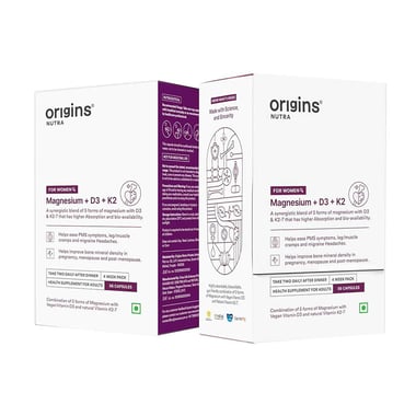 Origins Nutra Magnesium + D3 + K2 for Women,  Unflavoured (Pack of 2)  56 capsules 