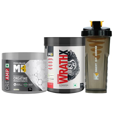 MuscleBlaze Pre Workout WrathX & Creatine Monohydrate CreAMP 0.22 lb & Shaker Combo