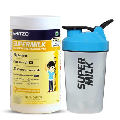 Supermilk Height+ Unsweetened for Boy 7 to 12 Yrs 400g Creamy Vanilla and Shaker Combo