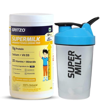 Supermilk Height+ Unsweetened for Boy 13+ Yrs 400g Creamy Vanilla and Shaker Combo