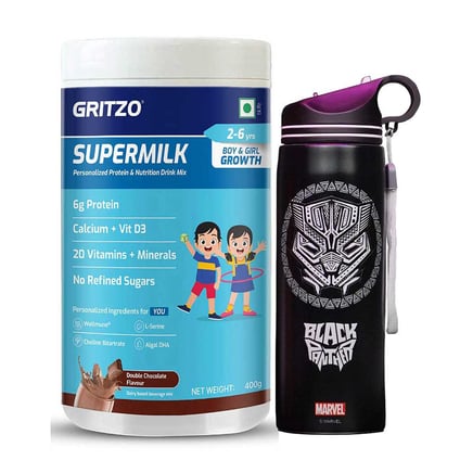 Supermilk Overall Growth for Boy/Girl 2 to 6 Yrs 400g Double Chocolate and 700ml Black Panther Sipper Combo