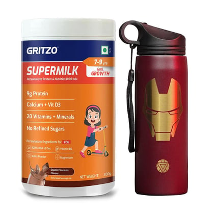 Supermilk Growth for 7 to 9 Yrs Girl 400g Double Chocolate and 700ml Iron Man Sipper Combo