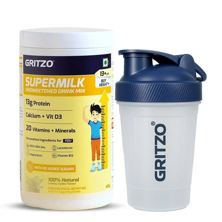 Supermilk Height+ Unsweetened for Boy 13+ Yrs 400g Creamy Vanilla and Shaker Combo