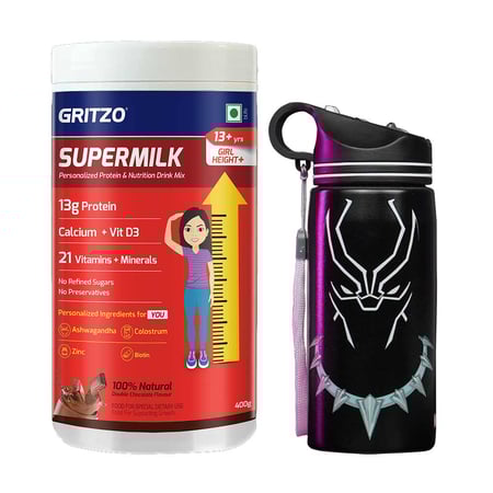 Supermilk Height+ for Girl 13+ Yrs 400g Double Chocolate and Black Panther Sipper 500ml Combo