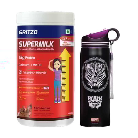 Supermilk Height+ for Girl 13+ Yrs 400g Double Chocolate and Black Panther Sipper 700ml Combo