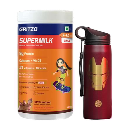 Supermilk Overall Growth for Girl 7 to 12 Yrs 400g and Iron Man Sipper 700ml Combo