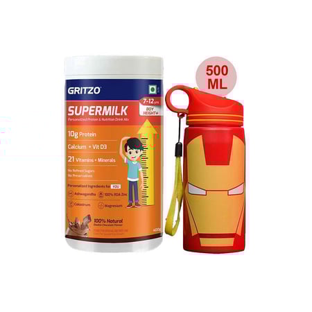 Supermilk Height+ for Boy 7 to 12 Yrs 400g and 500ml Iron Man Sipper Combo
