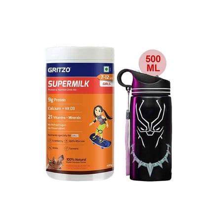 Supermilk Overall Growth for Girl 7 to 12 Yrs 400g and 500ml Black Panther Sipper Combo