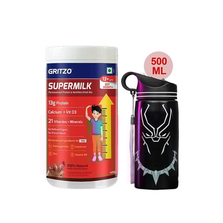 Supermilk Height+ for Boy 13+ Yrs 400g Double Chocolate and 500ml Black Panther Sipper Combo