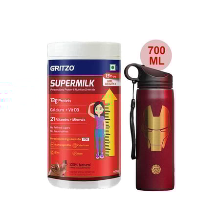 Supermilk Height+ for Girl 13+ Yrs 400g Double Chocolate and 700ml Iron Man Sipper Combo