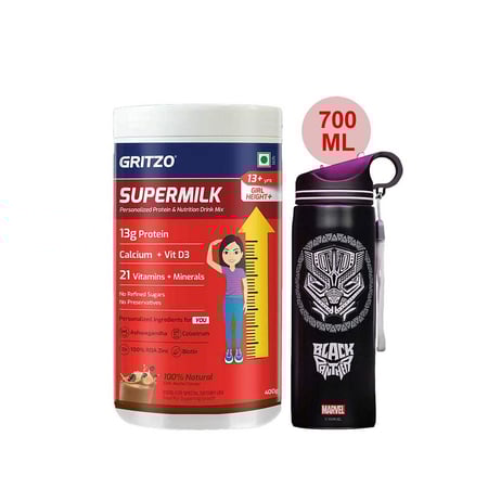 Supermilk Height+ for Girl 13+ Yrs 400g Cafe Mocha and 700ml Black Panther Sipper Combo