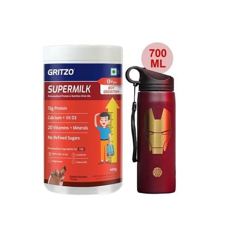 Supermilk Growth+ for Boy 13+ Yrs 400g Double Chocolate and 700ml Iron Man Sipper Combo