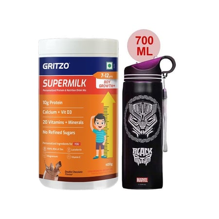 Supermilk Growth+ for Boy 7 to 12 Yrs 400g and 700ml Black Panther Sipper Combo