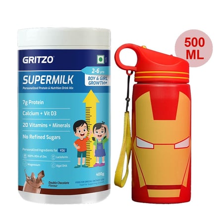 Supermilk Growth+ for Boy/Girl 2 to 6 Yrs 400g and 500ml Iron Man Sipper Combo