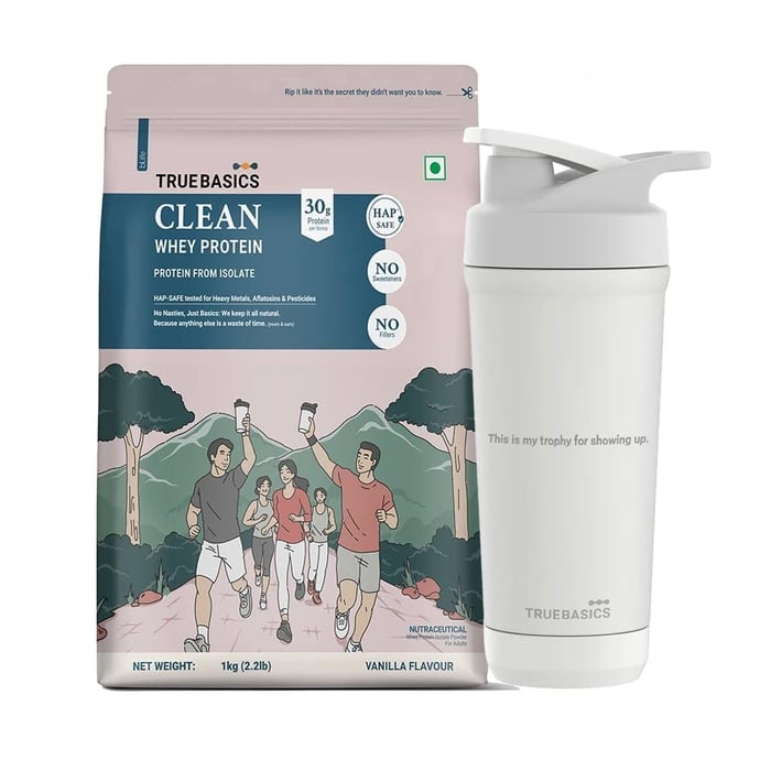 TrueBasics Clean Whey Protein Isolate 2.2 lb Vanilla & Steel Pro Shaker 700 ml Combo