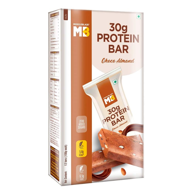 Front - MuscleBlaze Hi-Protein Bar (30g Protein),  12 Piece(s)/Pack  Almond Fudge 