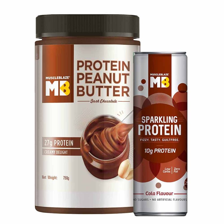 1 - MuscleBlaze High Protein Peanut Butter 750 g Dark Chocolate Creamy with Sparkling Protein Water,  Cola  250 ml 