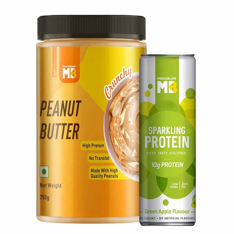 3 - MuscleBlaze Peanut Butter 750 g Crunchy with Sparkling Protein Water,  Green Apple  250 ml 