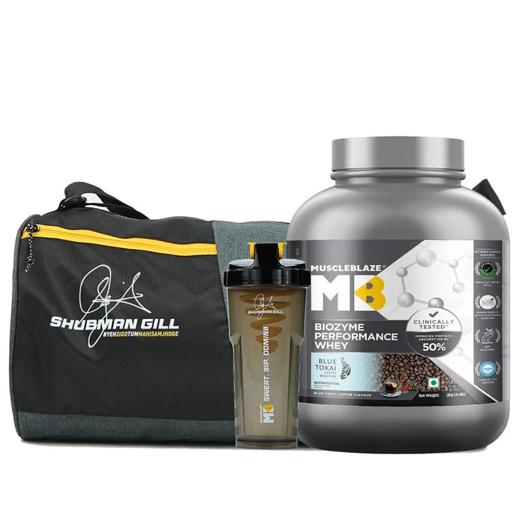 MuscleBlaze Biozyme Performance Whey 2 kg & Gym Bag & Shaker Combo