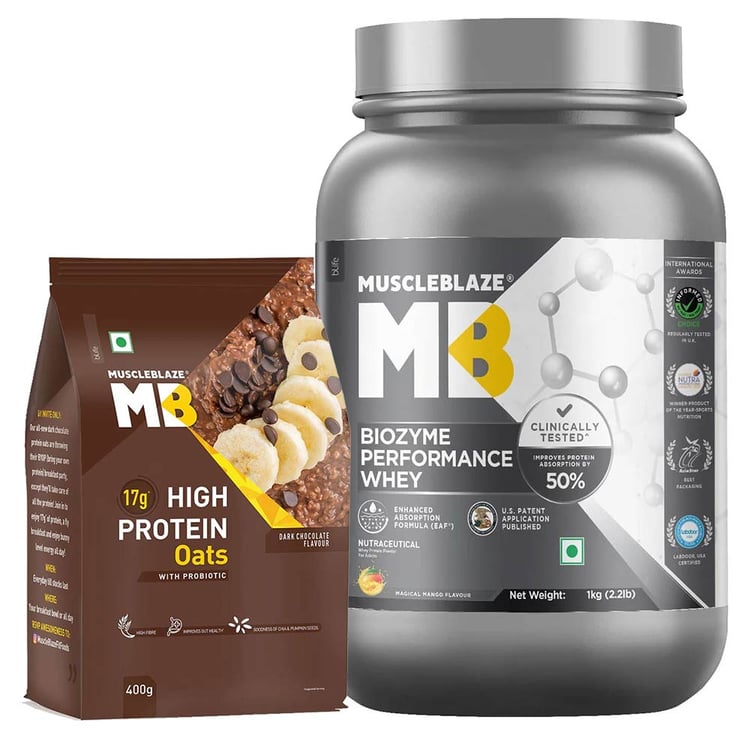 MuscleBlaze Biozyme Performance Whey 1 kg Magical Mango & High Protein Oats 400g Combo