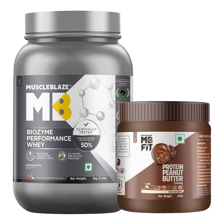 MuscleBlaze Biozyme Performance Whey 1 kg Chocolate Hazelnut & High Protein Peanut Butter 340g Combo