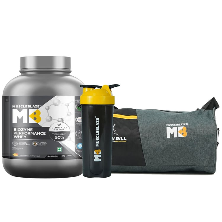 MuscleBlaze Biozyme Performance Whey 2 kg Magical Mango & Shaker & Gym Bag Combo