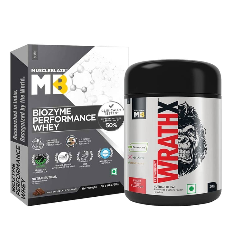 1 - MuscleBlaze Biozyme Performance Whey 0.079 lb Rich Chocolate with Pre Workout WrathX,  0.088 lb  Fruit Fury Sample 