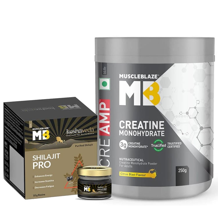 MuscleBlaze Creatine Monohydrate CreAMP 0.55 lb Citrus Blast & Koshaveda Shilajit Pro 10g Combo