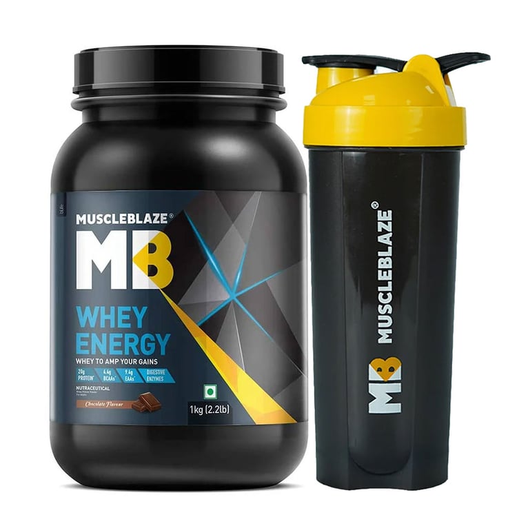 MuscleBlaze Whey Energy Protein Supplement Powder 1kg Chocolate & Shaker Combo