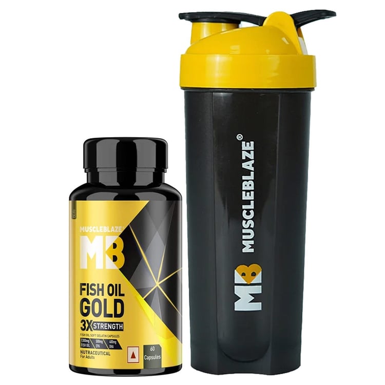 MuscleBlaze Omega 3 Fish Oil Gold 60 Caps & Shaker Combo