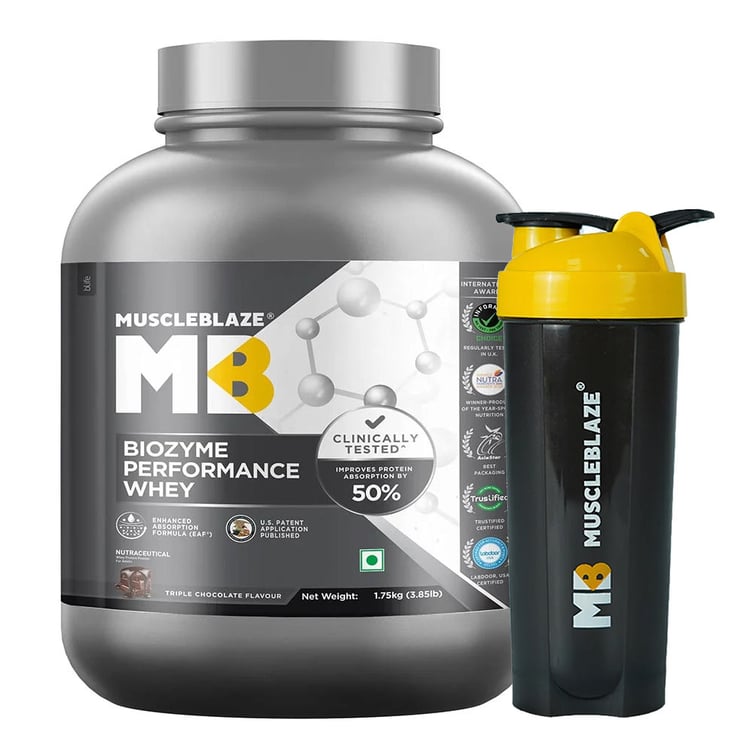 MuscleBlaze Biozyme Performance Whey 1.75 kg Triple Chocolate & Shaker Combo