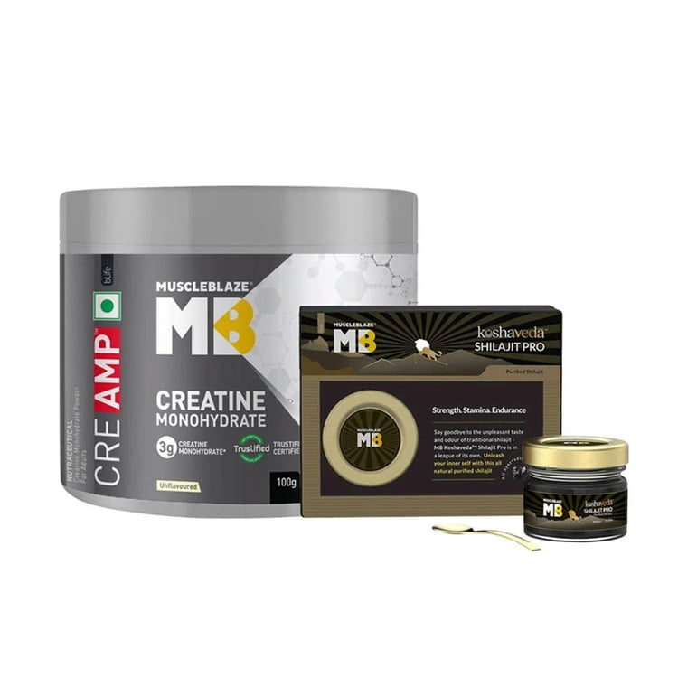 MuscleBlaze Creatine Monohydrate CreAMP 100g & Koshaveda Shilajit Pro 20g Combo