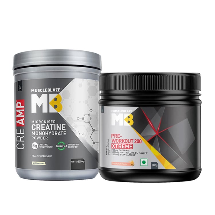 MuscleBlaze PRE Workout 200 Xtreme 0.44 lb & Creatine Monohydrate CreAMP 0.55 lb Combo